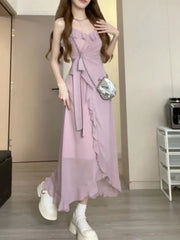 Cyflymder Summer Party Dresses for Women Backless V-neck Sling Ruffled Temperament Sexy Fashion Suspender Simple Elegant New in Dress
