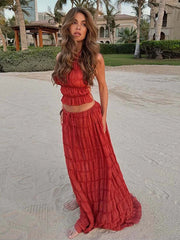 Cyflymder Sexy Pleated Vest Skirt Sets Women Elegant Solid Backless Sleeveless Tank Tops Drawstring Skirt 2025 Summer Vacation Lady Outfit