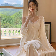 Cyflymder Women French Thin Style Sexy Two-Pieces Night Robe Lace V-Neck Spaghetti Strap Nightie Full Sleeves Loose Ice Silk Morning Robe