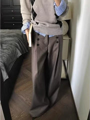 Cyflymder Brown Wide Leg Women Suit Pants Vintage Button Pleated Old Money Style Straight Trousers Baggy A-Line Basic Casual