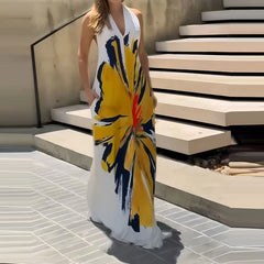 Cyflymder Fashion Sleeveless Holiday Women Dress 2025 Floral Print Sleeveless Loose Long Dress Lady Sexy Halter V Neck Pocket Beach Dress