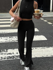 Cyflymder Solid Color Turtleneck Sleeveless Crop Top and High Waist Slim Long Pants 2 Piece Set for Women Casual Sporty Daily Outfit
