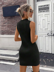 Cyflymder Slim Short Sleeveless Knitted Vest Dress Female Retro Slim-Fit Skirt Half High Neck Open Split Mini Dress for Spring Summer