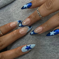 Cyflymder Fashion Cool Light Blue Stars Deep Blue Glitter Almond Shape Fake Nails Detachable Finished False Nails Press on Nails with Glue