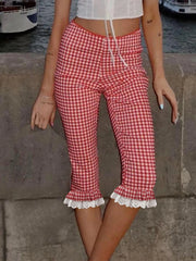 Cyflymder Women s Plaid Capri Pants with Lace Ruffles and Stretchy Cropped Leggings for Summer Casual Wear