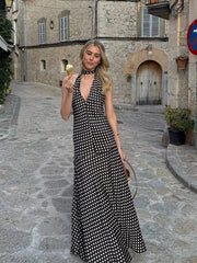 Cyflymder Polka Dot Halter Backless Long Dress Women Off Shoulder V-neck Scarf Sexy Sleeveless Dresses 2025 Summer Street Holiday Robe