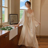 Cyflymder Women French Thin Style Sexy Two-Pieces Night Robe Lace V-Neck Spaghetti Strap Nightie Full Sleeves Loose Ice Silk Morning Robe