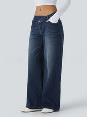Cyflymder Blue Asymmetrical Women Jeans Vintage Washed Wide Leg Straight Denim Pants Black Baggy High Waist Basic Trousers Casual