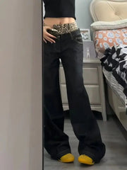 Cyflymder American Vintage High Waist Patchwork Jeans Women's Casual 2000s Pants Baggy Y2K Black Grunge Leopard Print Washed Denim Trouser