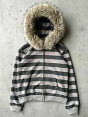 Cyflymder Retro Striped Zipper Hoodie Sweet Girl Y2K Women's Gray High Street Fur Border Rivet Pocket Street Jacket Hip-Hop Punk Chic