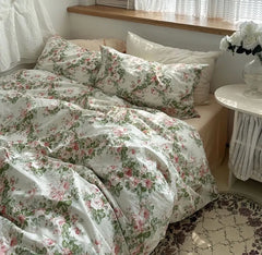 Cyflymder Romantic green pink flower bedding set,twin full queen fresh fashion floral cotton home textile sheet pillow case quilt cover