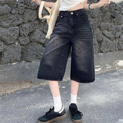 Cyflymder Vintage Y2k Women Jeans Summer High Waist Distressed Capris Pants Boyfriend Harajuku Baggy Straight Wide Leg Pants With Pockets