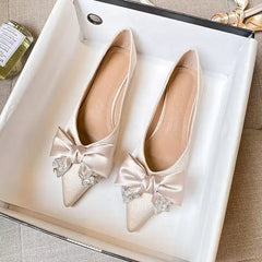Cyflymder Luxury Rhinestone Bow Flats Shoes Woman Pointed Toe Champagne Silk Bowknot Ballet Shoes Wedding Shoes for Women