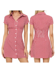 Cyflymder Women Plaid Shirt Dress Fit Collared Short Sleeve Button-up A-line Mini Dress Casual Summer Streetwear with Belt