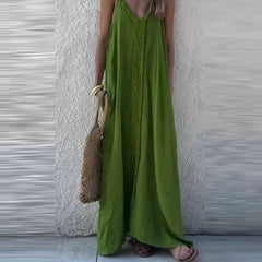 Cyflymder New Summer Solid Color Loose Evening Dress Elegant V-neck Linen Vacation Style Dress Fashion Ruffles Sleeveless Long Sling Dress