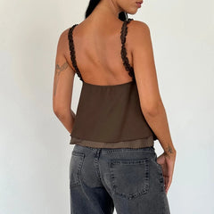 Cyflymder Kawaii Frill Spaghetti Strap Chiffon Vest Bow Front Ruffled Camisole Women Crop Top Retro Y2K Fairy Backless Clothes