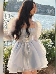 Cyflymder Sweet Kawaii Mini Dress Vintage Korean Elegant Fashion Party Dress Women Fairy Princess Puff Sleeve Chic Summer Prom Dress