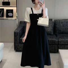 Cyflymder Fake Two Pieces A-Line Dresses Summer Stylish Patchwork Female Clothing French Style Short Sleeve Elegant Solid Color Midi Dress