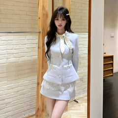 Cyflymder Autumn Winter Korean Style Vintage Elegant 2 Piece Set Women Sweet Bow Woolen Short Jacket Lace Mini Skirt Suit Y2k Slim Outfitn