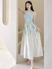 Cyflymder Floral Sexy Halter Beach Dress Women Elegant Slim Sweet Sleeveless Vintage Long Dress Casual Retro Mesh Patchwork Vestidos