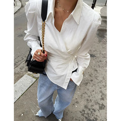 Cyflymder Women Elegant White Shirt Fashion Long Sleeve Blouse Irregular Office Top with Chic Buttons Slim Fit Ladies Casual Tops