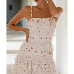 Cyflymder Women Summer Adjustable Thin Shoulder Straps Sleeveless Square Neck Lace Patchwork Patchwoek A-line Cami Long Dress