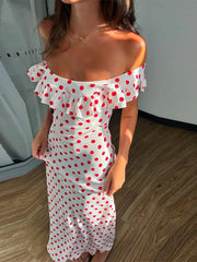 Cyflymder Slash Neck Polka Dot Printed Dress Women Color Blocking Design Elegant Fashion Casual Robe Versatile Off Shoulder Flounce Dress
