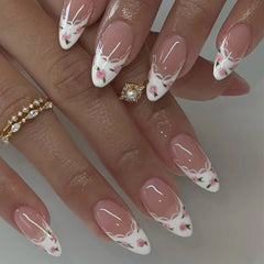 Cyflymder Blue Ribbon Bowknot White Flora Lace Pearl French Nail Art Wearable False Nails Detachable Finished Fake Nails Press on Nails