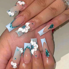 Cyflymder 24Pcs Long Square Press on Fake Nails French Leopard Print Detachable False Nails 3D Bow Flower Rhinestone Full Cover Nails Tips