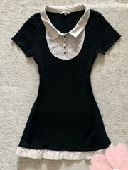 Cyflymder Sexy Sweet Y2k Slim Goth Women Short Dresses Punk Fake 2 Pieces Vintage Short Sleeve Button Dress Harajuku 90s Aesthetic Summer