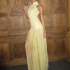 Cyflymder Summer Sleeveless Tank Maxi Dress Spring Casual Turtleneck Patchwork Mesh Dress Women Sexy Polka Dot Print Loose Long Dress