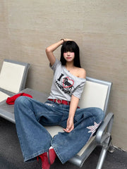 Cyflymder American Star Patch Scimitar Jeans Women's Summer High Waist Washed Loose Wide Leg Trousers