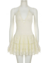 Cyflymder Holiday Hollow Out Halter A-Line Dress Sexy Slim Deep V-Neck Sleeveless Mini Dresses For Women Summer Fashion Lady