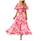 Cyflymder Summer Bohemian Dresses Off Shoulder Sexy Short Sleeve Large Swing Long Dress Women Floral Printed Low Cut Backless Beach Dress