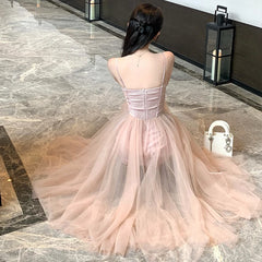 Cyflymder Summer French Vintage Sweet Pink Mesh Sexy Pleated Slip Long Dresses Women Elegant High Waist Backless Evening Party Dress Trend