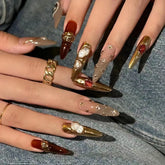 Cyflymder 10Pcs Gold Line Handmade Almond Press on Nails Rhinestone Full Cover Fake Nails Metal Manicure Wearable Artificial Nail Tips Art