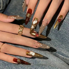 Cyflymder 10Pcs Gold Line Handmade Almond Press on Nails Rhinestone Full Cover Fake Nails Metal Manicure Wearable Artificial Nail Tips Art