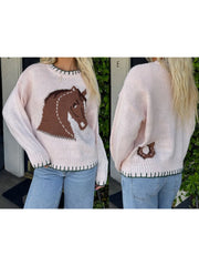 Cyflymder Women s Cozy Crew Neck Sweaters Stylish Horse Print Pullover Soft Knitwear for Autumn Fashionable Street Style