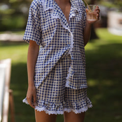 Cyflymder Women's Y2K 2Piece Pajamas Set Loungewear Strawberry/Plaid Print Short Sleeve Lapel Tops +Ruffled Hem Shorts Sleepwear