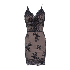 Cyflymder Women Deep V-Neck Sexy Dresses See-Through Floral Sequin Mini Dress Spaghetti Strap Bodycon Backless Prom Evening Party Dress