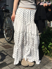 Cyflymder Sweet Patchwor Lace Ruched A-Line Skirts Holiday Casual Mid-Waisted Maxi Skirts Women Summer Fashion Streetwear