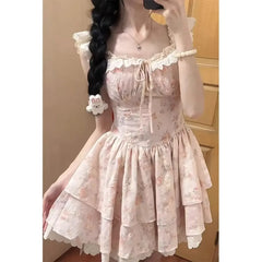 Cyflymder Floral Print Princess Skirt Dress Women Summer New Style Fairy Tale Puffy Sleeve Short Waist Cinched Dresses Female Clothing