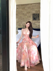 Cyflymder Beach Vaion Sle Floral Print Maxi Dr Pink Bal Gauze Hem A-Line Skirt High Waist Svel V-Ne Loose Fit