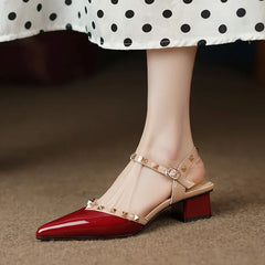 Cyflymder Summer New French Coarse Heel Baotou Sandals Women Soft Leather Pointed Rivet Shallow Mouth Lacquer Leather Single Shoes Women