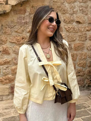 Cyflymder Women's Summer Fashion V-neck Bow Lace-up Poplin Short Shirt Female Thin Versatile Elegant Casual Cardigan Top Mujer