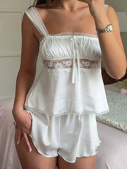 Cyflymder Women s Lace Trim Square Neck Sleeveless Cami Pajama Set with Elastic Waist Mini Shorts - 2 Piece Sleepwear Outfit for a