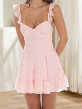 Cyflymder Elegant Sleeveless V-Neck Floral Print Ruffles A-Line Dress with Back Tie-Up Detail and Open Back Design for Summer