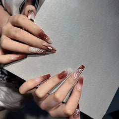 Cyflymder 24Pcs Long Square Head False Nails Press on Black Crocodile Grain French Fake Nails Star Rhinestone Reusable Full Cover Nail Tip