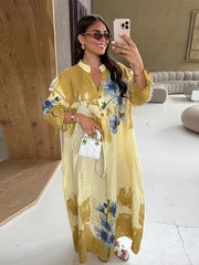 Cyflymder Button Printed Oversize Midi Dress Women V-neck Fashion Holiday 2025 Autumn Dresses Long Sleeve Tie-dye Street Loose Female Robe