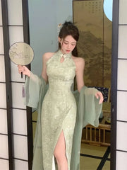 Cyflymder Women New Cheongsam Style Improved Qipao Dress Children's Summer Small Long Print Hanging Neck Off Shoulder Dress